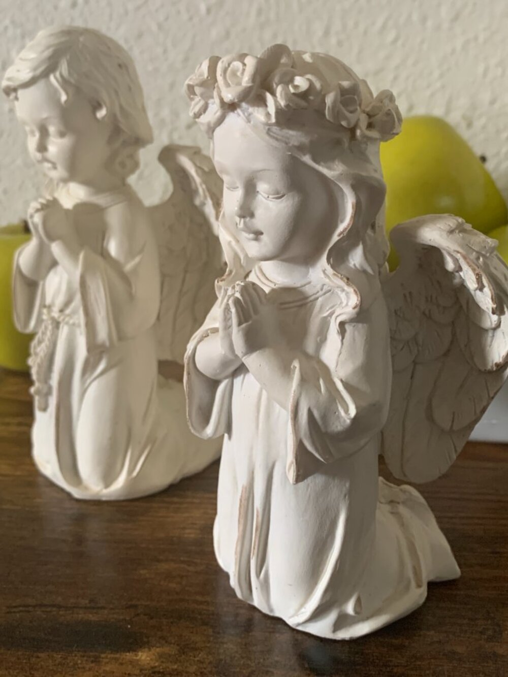 Vintage Style Praying Cherub Angel Figurines Set of 2 Off-White Resin Statues